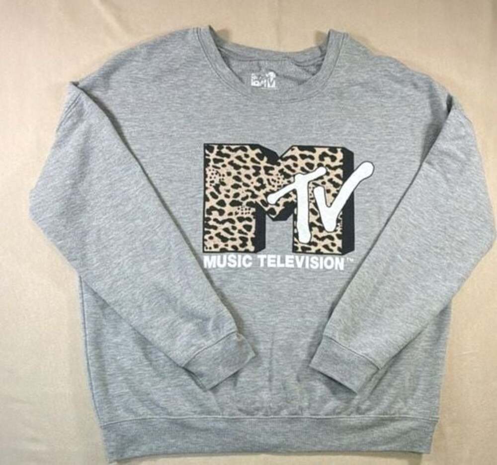 MTV Music Television Leopard Print Logo Grey Sweatshirt Size Large